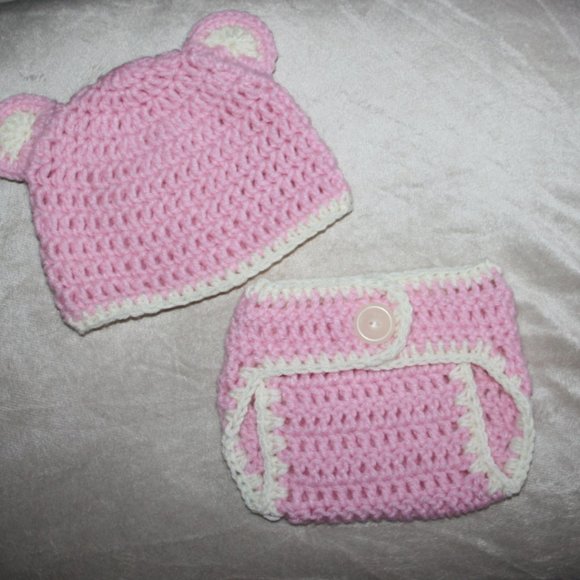 Nwt Pink Bear 3-6 month Diaper Cover and hat set